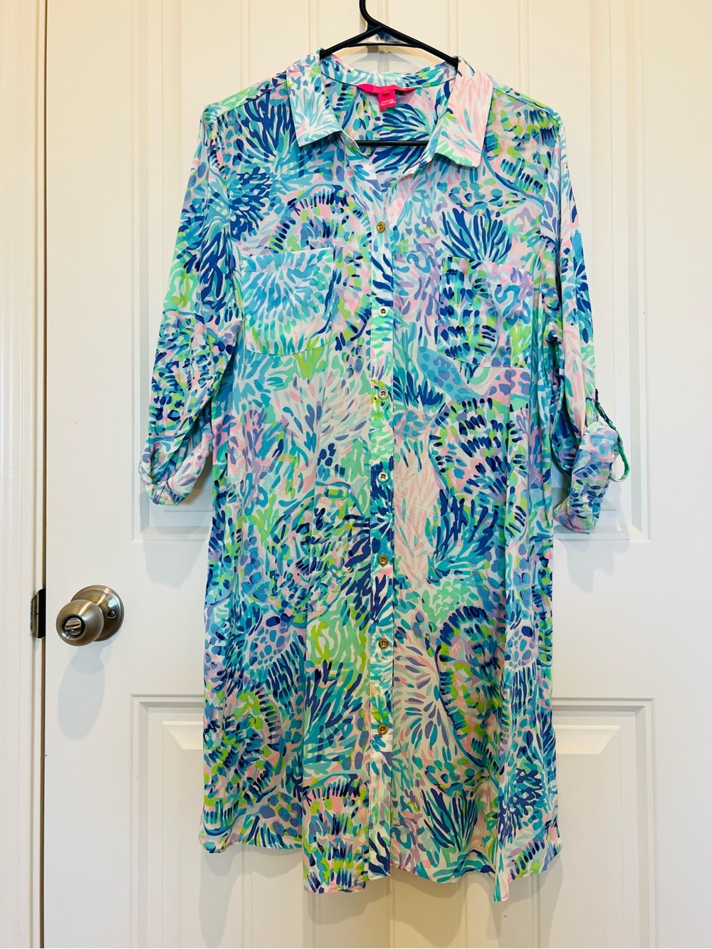 Lilly Pulitzer Turquoise Blue Pink Green Palm-Print Dress